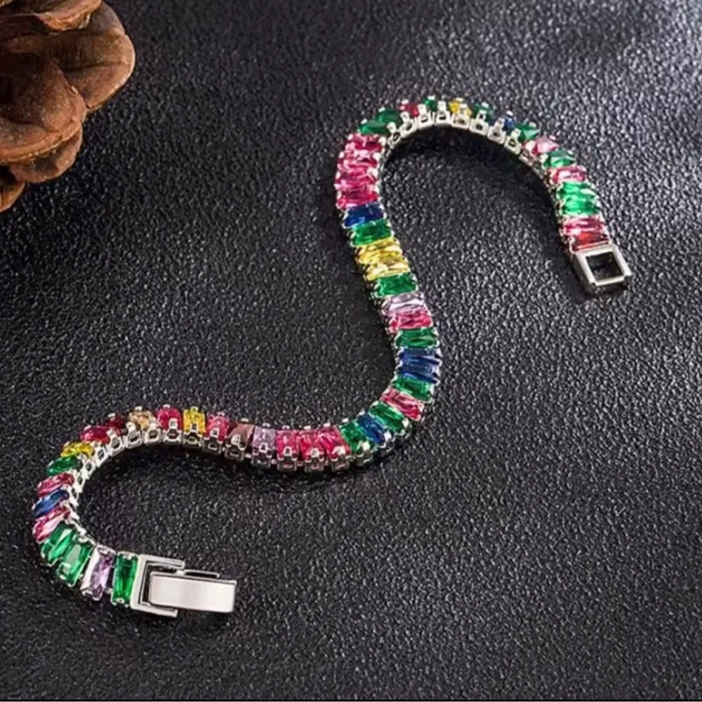Multicolor Crystal Sterling Silver  Tennis Bracelet